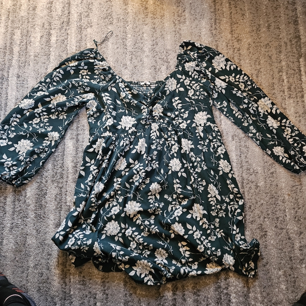 Mi Ami Green Floral Long Sleeve Ruched Dress, Size XXL